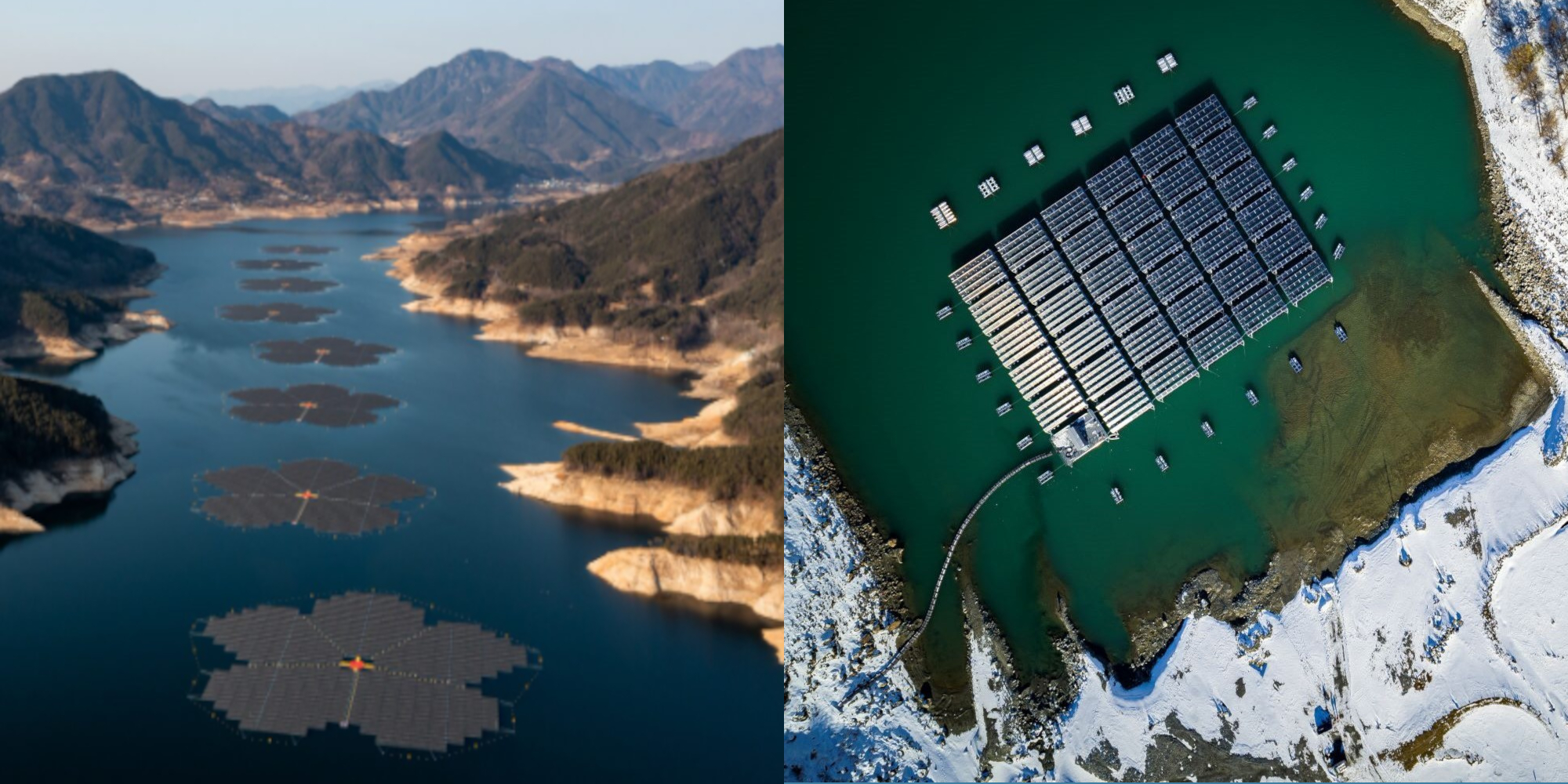 Hapcheon Dam Solar Blossoms - https://www.bloomberg.com/news/features/2022-02-28/floating-solar-panel-flowers-to-power-south-korea-homes       Romande Energie Swiss Alps Installation: https://houseofswitzerland.org/swissstories/environment/worlds-first-high-altitude-floating-solar-farm-swiss-alps